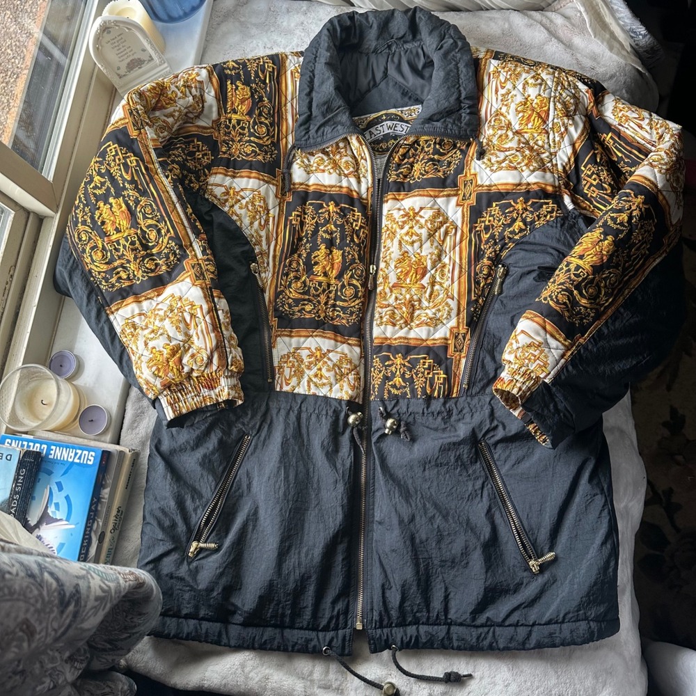 East West VTG Womens Coat Versace Style Black Gold Puffy